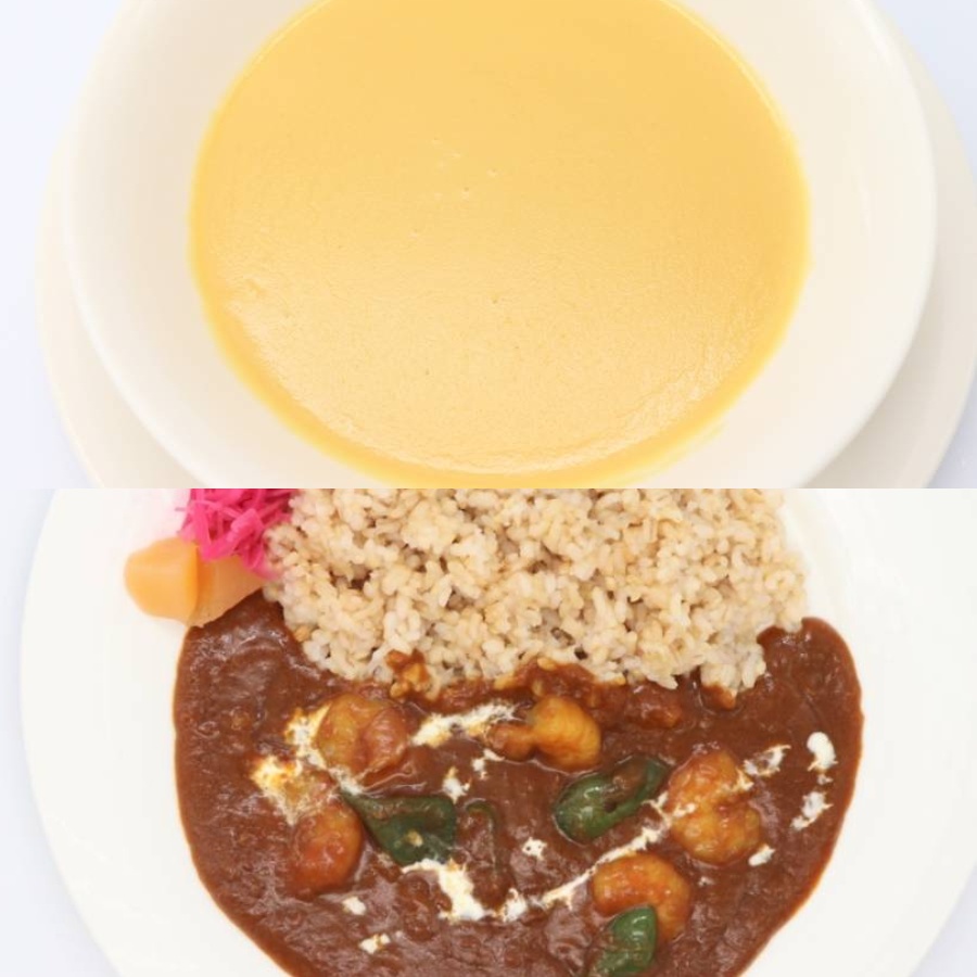 ＜洋食レストランChez NoA＞スィートコーンとコシヒカリのスープ＆ふるさと野菜と海老のヘルシーカレーセット