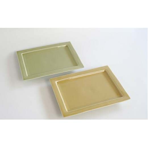 金善製陶所 21cm リム長角プレート 黄磁・天龍青磁 2枚 セット 有田焼 食器 器 うつわ プレート A20-543_イメージ5