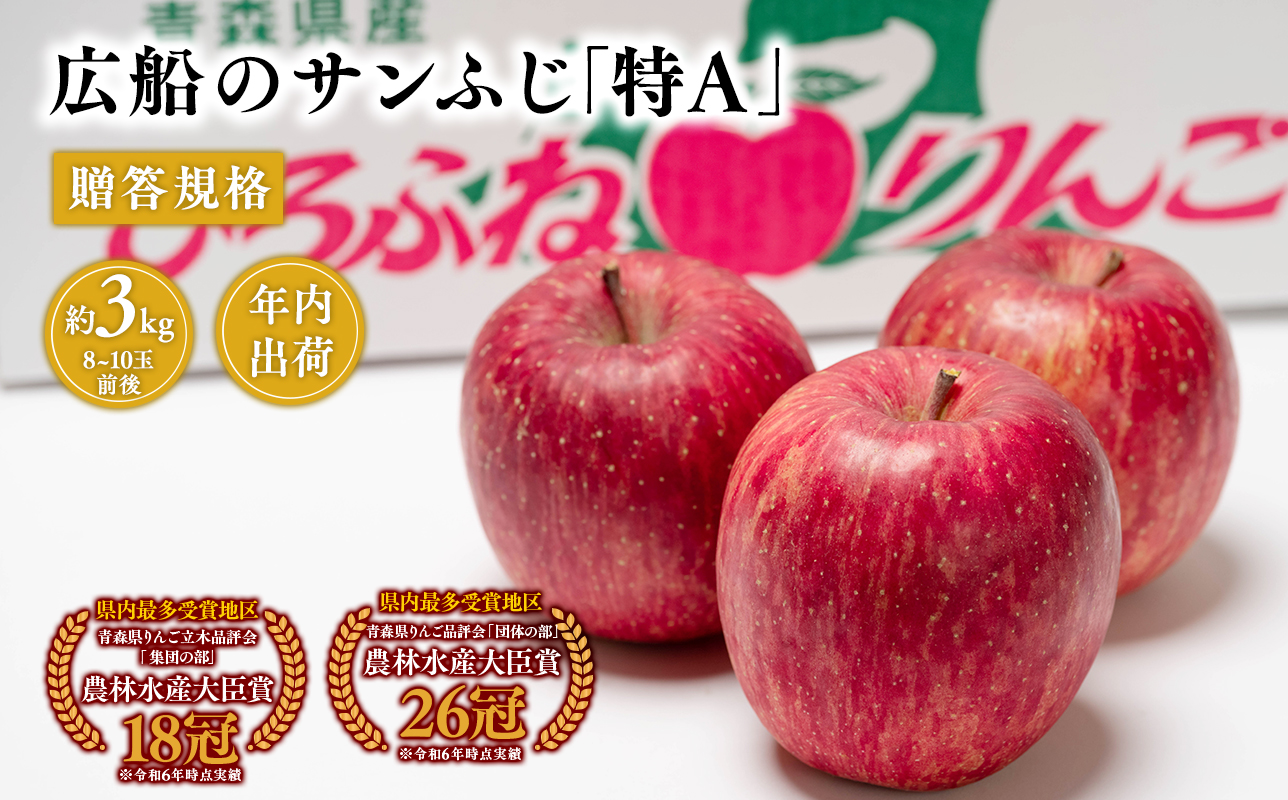 年内 贈答規格 広船のサンふじ 約3kg「特A」年内 贈答規格 広船のサンふじ 約3kg「特A」【広船アップルクラブ・平川市広船産・青森りんご・12月】