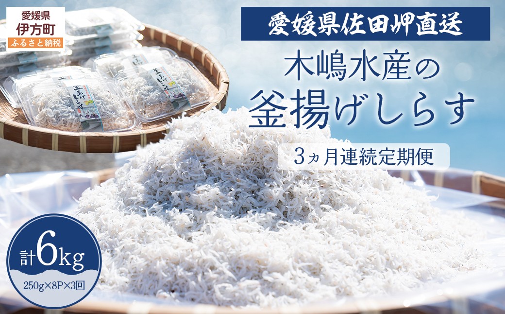 
            【佐田岬・漁師直送】【3ヵ月連続定期便】 木嶋水産の釜揚げしらす 6kg（1回250g×8P×3回) ※離島への配送不可 【ふるさと納税 人気 おすすめ ランキング 魚介類 海産物 魚 釜揚げ しらす シラス 小分け やみつき ご飯のお供 おつまみ 酒の肴 おやつ しらす丼 サラダ 海産物 冷凍 国産 木嶋水産 愛媛県産 愛媛県 伊方町 送料無料】 IKTP013
          