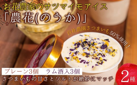 お花農家のサツマイモアイス「農花(のうか)」プレーン3個＆ラム酒3個エディブルフラワーソルト付き( アイス アイスクリーム さつまいも 塩 ソルト 花 フラワー )【B2-133】