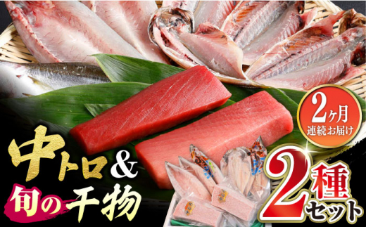 【全2回定期便】対馬産 本マグロ 中トロ300g ＆干物《対馬市》 【対海】 新鮮 マグロ 鮪 本鮪 トロ 海鮮 冷凍 浜干し 中とろ 本マグロ 干物 ひもの [WAH031]
