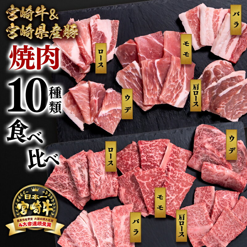 【ふるさと納税】10種盛り焼肉（合計600g）（牛300g・豚300g）「宮崎牛」「宮崎県産豚肉」食べ比べ「数量限定」3D冷凍 ふるさと納税 宮崎牛 豚肉 焼肉 宮崎県 西都市 化粧箱 牛 肉 牛肉 国産 黒毛和牛 数量限定 ミヤチク＜1.2-25＞