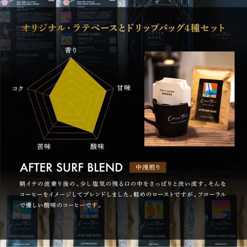 3ヵ月定期便【茅ヶ崎のスペシャルティコーヒー専門ロースター】CRUISE TOWN COFFEE ROASTERS オリジナル・ラテベースとドリップバッグ4種セット