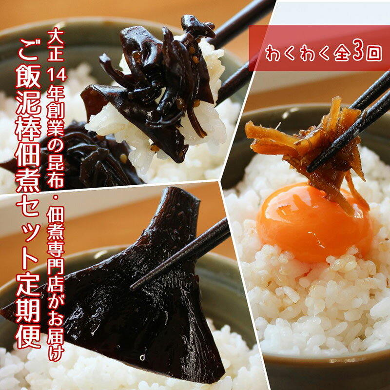 【ふるさと納税】佃煮 定期便 3ヶ月 ご飯泥棒 つくだ煮 セット 鳥居商店 大正14年創業の昆布・佃煮専門店 老舗 根昆布 昆布 きくらげ 生姜 かつお節 鰹節 食べ比べ ごはんのお供 ご飯のお供 お弁当 おかず 惣菜 お惣菜 詰め合わせ 常温 大阪府 岸和田市 定期 3回