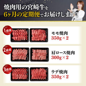 【6ヶ月定期便】宮崎牛焼肉定期便 全6回【 肉 牛肉 国産 宮崎県産 宮崎牛 黒毛和牛 和牛 焼肉 4等級 A4ランク 肩ロース ウデ モモ 】