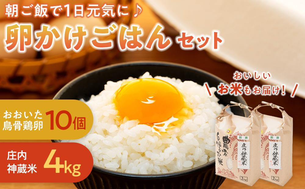 
朝ご飯で1日元気に♪贅沢卵かけごはんセット＜大分うこっけい卵 生食用10個・庄内神蔵米（精米）4kg（2kg×2袋）＞
