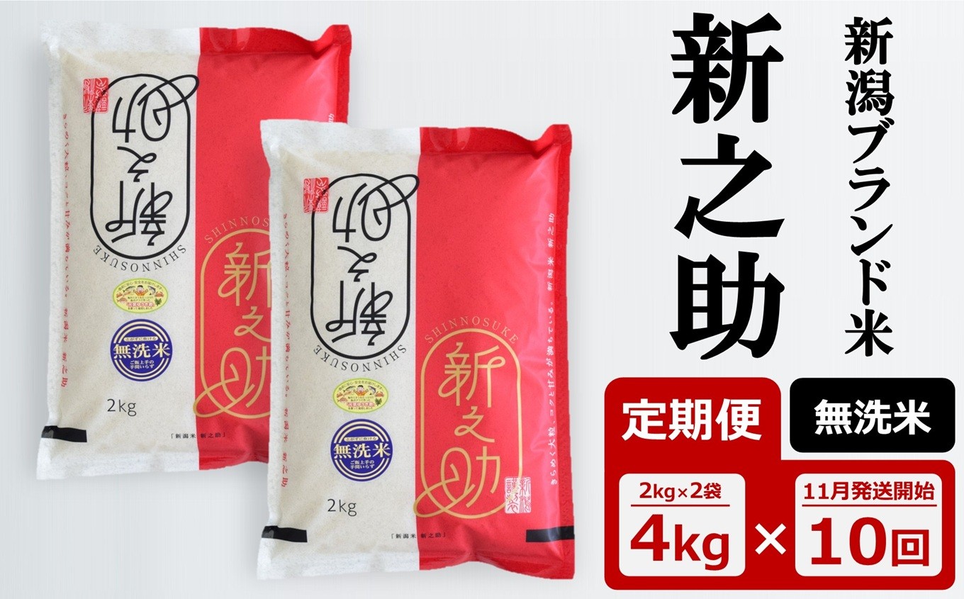 
                  先行予約【令和8年産新米・10ヶ月定期便】新之助 無洗米 4kg（2kg×2袋）×10回（計 40kg）中村農研 [Y0541]
                