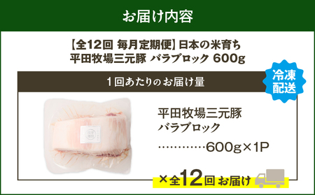 【 全12回 毎月 定期便 】 日本 の 米育ち 平田牧場 三元豚 バラ ブロック 600g T036-T08-03 定期 肉 お肉 にく 豚 豚肉 ブタ ぶた 豚の角煮 角煮 焼豚 厚切りソテー 黒
