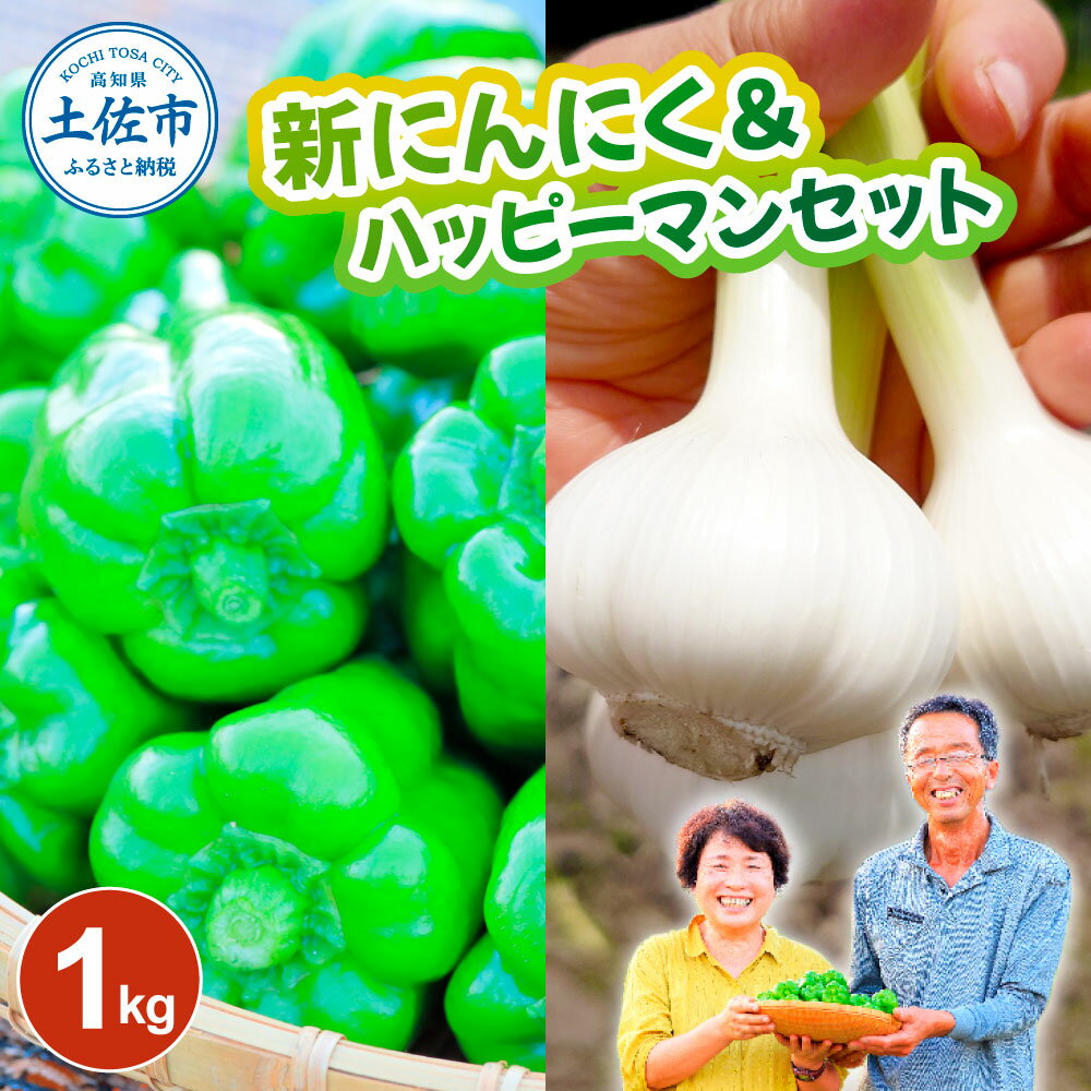 【ふるさと納税】新にんにく＆ハッピーマンセット 約1キロ 約1kg ニンニク 新ニンニク ピーマン 野菜 やさい 副菜 お弁当 新鮮 おいしい 採れたて 国産 お取り寄せ 常温 冷蔵 高知県 高知 土佐市 土佐市 こうち 返礼品