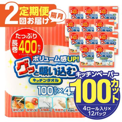 ふるさと納税 大分市 【隔月配送】キッチンタオル100カット(4ロール×12パック)2回お届け定期便_T10042