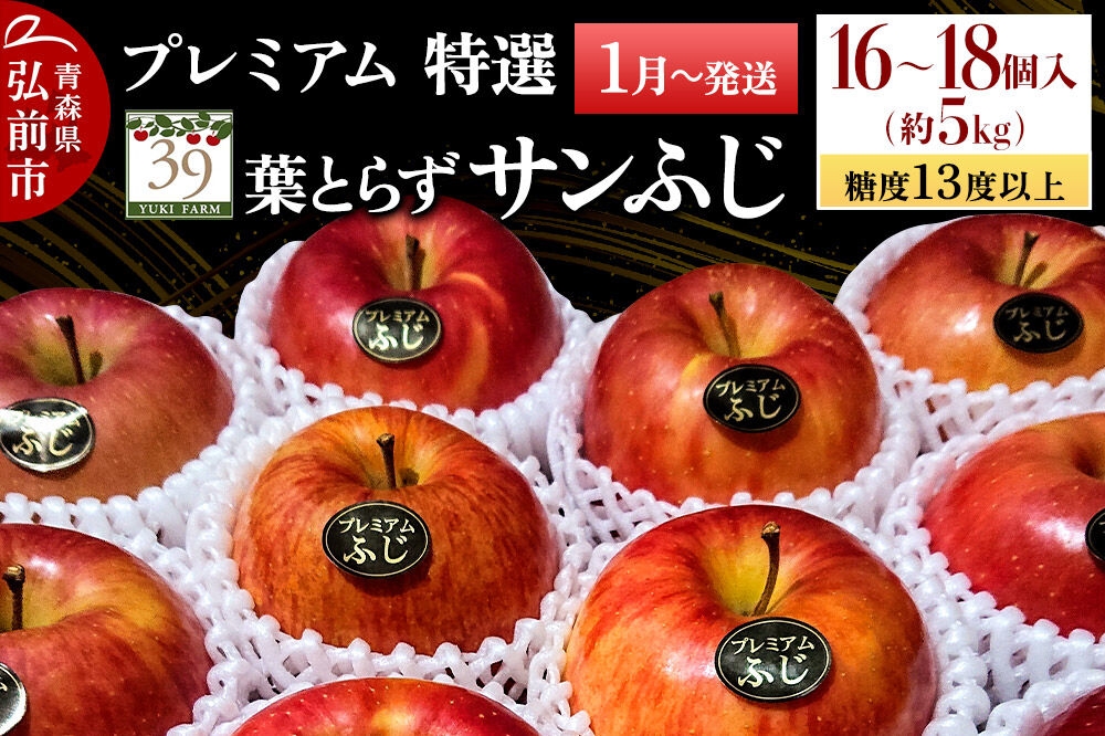 
                  【27年1月～発送】りんご 葉とらず サンふじ【特選】約5kg（16～18個）糖度13度以上 プレミアム【数量限定】先行受付 青森県 弘前市 果物 フルーツ 林檎 リンゴ くだもの ギフト 贈り物 [先行予約 産地直送 アップル おいしい 果実 美味 甘い 赤色]
                
