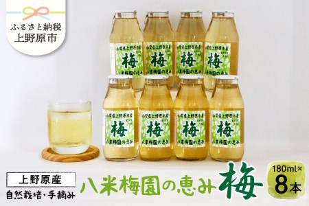 ＼＼先行予約／／八米梅園の恵み180ml×8本 梅ジュース 無添加 自然栽培 八米梅園 国産 保存料不使用 梅果汁入り 飲料 梅ドリンク 美味しい 瓶 夏ギフト 贈り物 お取り寄せ 山梨県産 上野原市