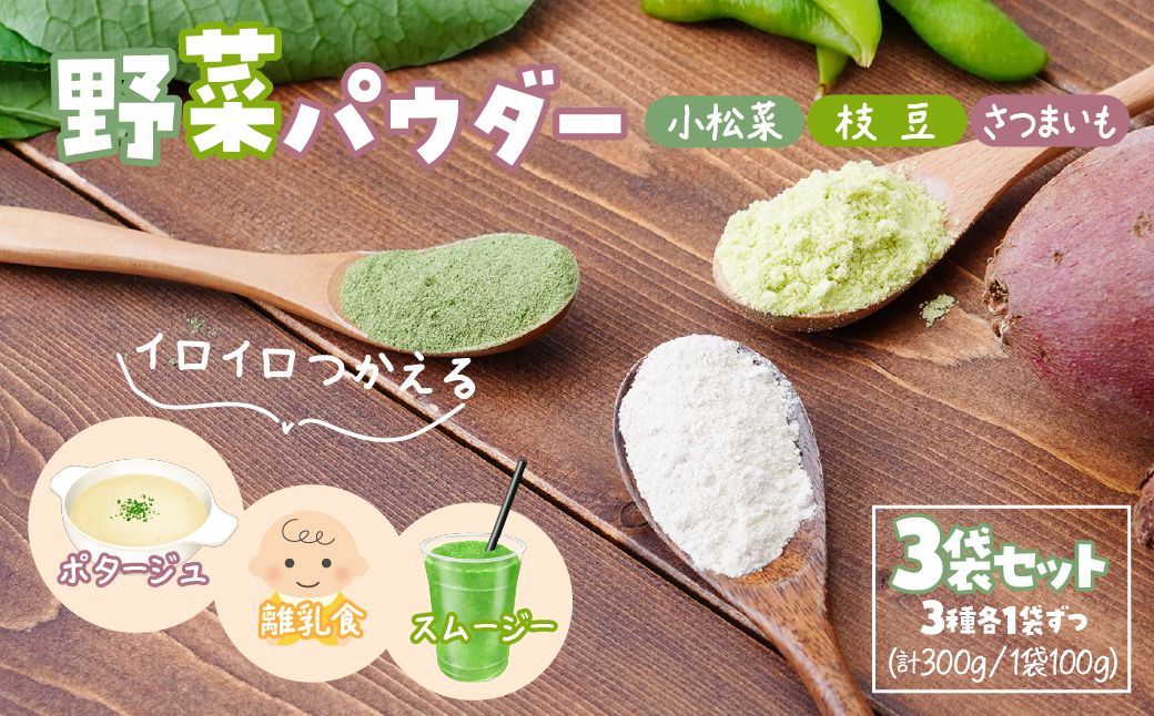 【3種】ナガホリの野菜パウダー 3袋 1袋 100g 小松菜 枝豆 さつまいも