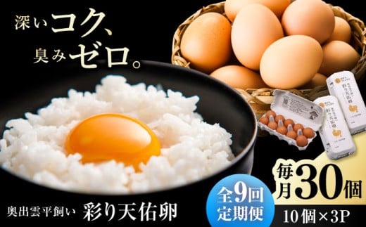卵【平飼い卵】【全9回定期便】黄身の濃厚なコクと白身の甘み！たたらの里平飼い 彩り天佑卵 30個入り（10個×3P）たまご 放牧卵 玉子 タマゴ 鶏卵 生卵 国産 平飼い 卵焼き 卵かけご飯 TKG 朝食 朝ごはん ご褒美 コク 旨み 贅沢 お取り寄せ 毎日食べたい卵 美容 健康 単品 定期便 人気 高評価 ランキング 島根県雲南市/株式会社たなべたたらの里（たなべ森の鶏舎） [AIDL004]