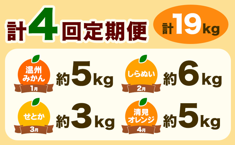 【先行予約】【発送月固定定期便】紀州 和歌山産 旬の ご家庭用 柑橘 セット (みかん 不知火 せとか 清見)【全4回】 計19kg 株式会社魚鶴《2027年1月上旬-5月上旬頃出荷》 和歌山県 日高
