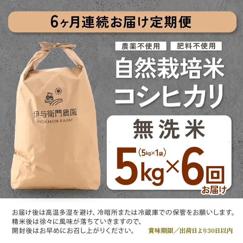 【先行予約】【令和8年産】定期便 ≪6ヶ月連続お届け≫ 自然栽培米コシヒカリ 無洗米5kg×6回（計30kg） ＜温度と湿度を常時管理し新鮮米を出荷！＞/ 米 白米 自然の力 高品質 鮮度抜群 ブラン
