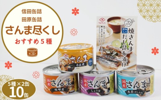 さんま 缶詰 さんま尽くし 5種類 10缶セット 厳選 さんま缶詰 秋刀魚 国産さんま使用 信田缶詰 田原缶詰 老舗 銚子有名缶詰 水煮 しょうゆ煮 味噌煮 うま煮 だし昆布漬け 焼きさんま 魚 魚介 海鮮 青魚 DHA 人気 おすすめ 非常食 災害 防災 備蓄 保存食 長期保存 ギフト お取り寄せ グルメ 簡単調理 常温 送料無料 ふるさと納税 ふるさと納税缶詰 千葉県銚子市 銚子市観光協会
