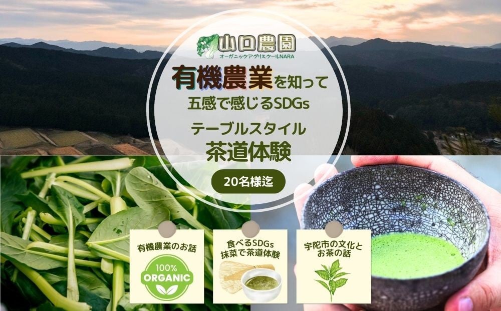 
            有機農業 を知って五感で感じる SDGs テーブルスタイル 茶道 体験 20名様迄／ 畑見学 食べられる染料 Nara Green 抹菜 農家 有機野菜 オーガニック 無農薬 関西 チケット カレー 山口農園 奈良県 宇陀市 ふるさと納税
          