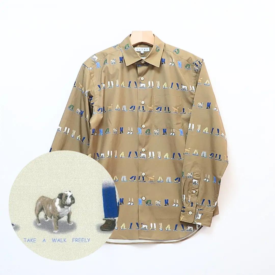 CLOFT 綿100％長袖プリントシャツ”自由に歩こう”犬と散歩柄（C/＃34モカ）L 0139-021-S07-5