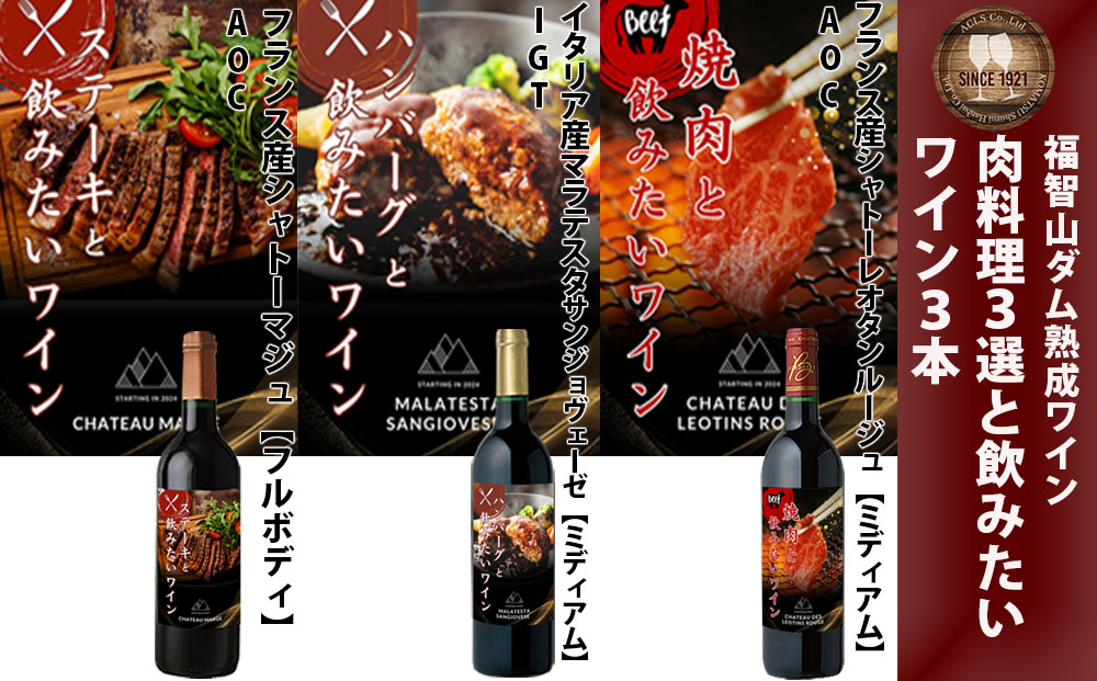 FD338 福智山ダム熟成 肉料理3選と飲みたい赤ワイン 3本詰め合わせセット 熟成ワイン ワイン 赤 酒 お酒