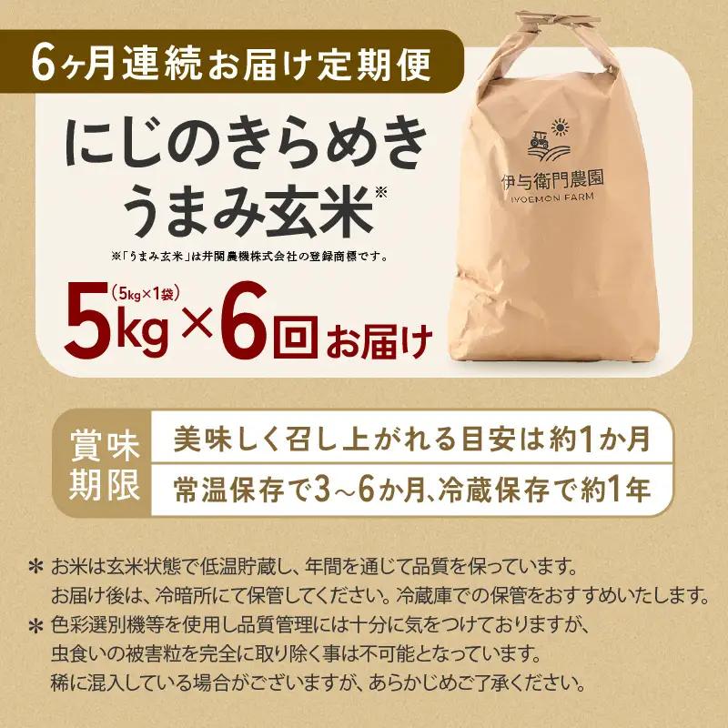 【先行予約】【令和8年産】定期便 ≪6ヶ月連続お届け≫ にじのきらめき うまみ玄米 5kg×6回 ／ 鮮度抜群 30キロ 福井県あわら産 玄米 お米 ※2026年10月上旬より順次発送 [aw071-
