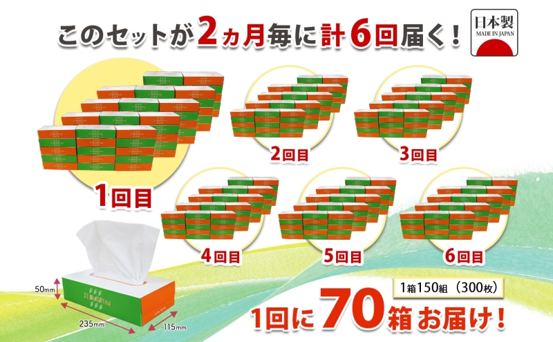 定期便 2ヶ月毎 全6回 ボックス ティッシュ 70箱 150組 300枚 ティッシュペーパー 紙 ペーパー BOX 日用品 備蓄 吸水 消耗品 生活用品 おすすめ 肌触り 防災 ストック 備蓄 生活