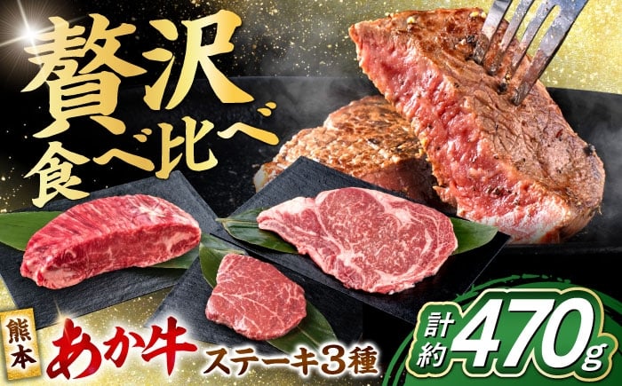 
            熊本 あか牛 ステーキ 食べ比べ 3種セット（ミニステーキ・ヒレステーキ・ロースステーキ） 計約470g 熊本県産 牛 ミニ ヒレ ロース 肉 赤牛 牛肉 柔らかい 希少部位 赤身 ヒレステーキ ロースステーキ  熊本 九州 国産 [AYCB086]
          