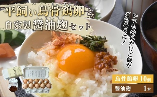 
                  平飼い烏骨鶏卵10個と自家製醤油麹（卵かけご飯専用）たまご 生卵 タマゴ うこっけい 平飼い 醤油麹 森町 静岡県
                