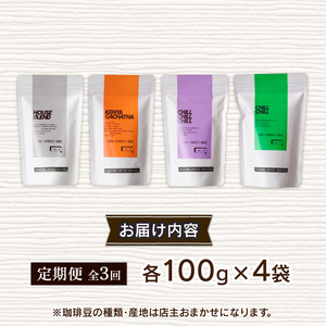 【粉】【定期便3回】自家焙煎コーヒー 店主おまかせ4種類（100g × 4パック）400g(各100g × 4袋) 焙煎 産地 別 浅煎り 中煎り 中深煎り 深煎り コーヒー豆 粉 珈琲 スペシャリテ