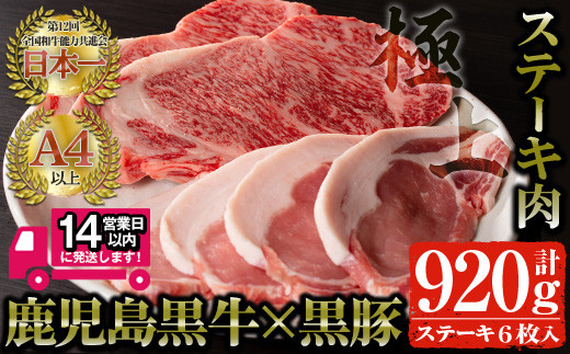 
                  ＜14営業日以内発送！＞鹿児島県産ステーキ肉セット(合計920g)！ 鹿児島黒牛サーロインステーキ(220g×2枚)・鹿児島黒豚ロースステーキ(120g×4枚) 国産 牛肉 豚肉【佐多精肉店】B14-v02
                