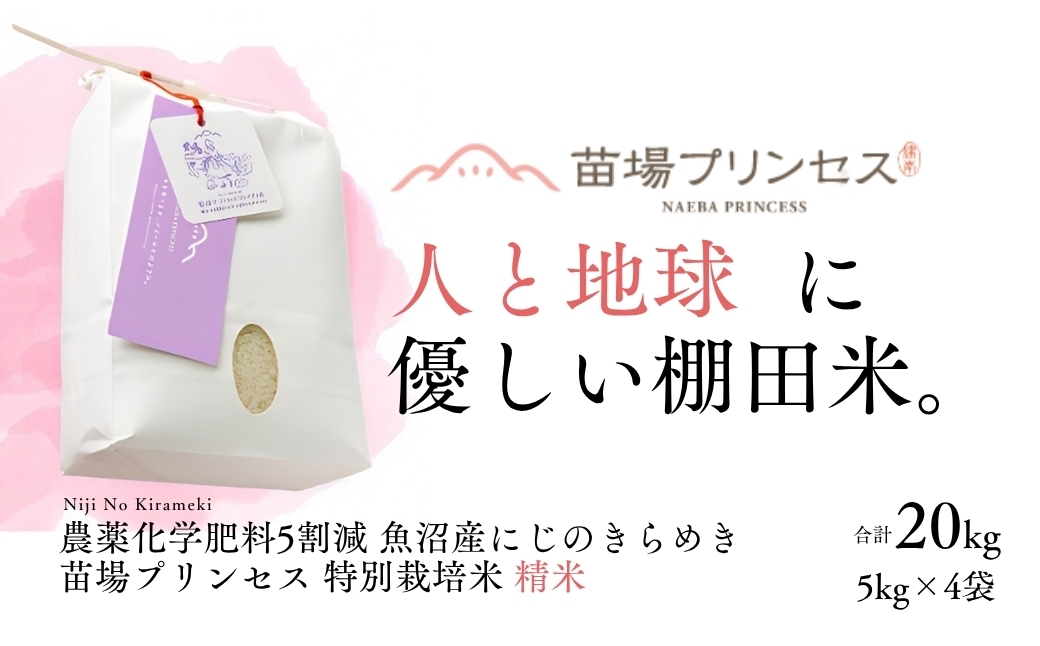 
                  【令和8年産先行予約】【農薬化学肥料5割減】魚沼産にじのきらめき苗場プリンセス特別栽培米 精米20kg (5kg×4) | 苗場プリンセス米 おすすめ 人気ギフト 新潟県 津南町
                