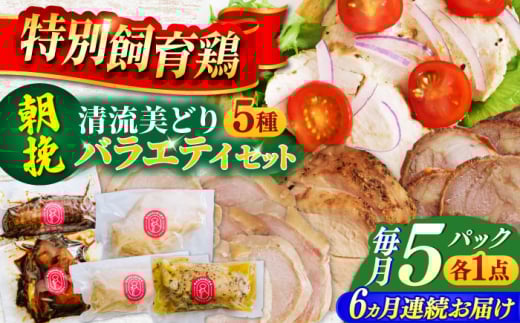 【6回定期便】 鶏肉 朝挽き 清流美どり バラエティ5点セット 若鶏 お取り寄せ お肉 ディナー おかず ダイエット 筋トレ 岐阜 ギフト プレゼント 贈り物 贈答 おすすめ 人気 6ヶ月 6回 定期便 詰め合わせ セット 鶏チャーシュー 照り焼き サラダチキン 燻製 プレーン オリーブマスタード 鮮度抜群 真空パック 冷凍 岐阜市 / 若鶏の春近 [ANDL013]