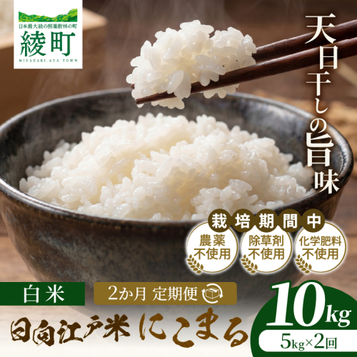 【2か月定期便】天日干しが引き出す お米の旨味 日向江戸米（にこまる）【白米】合計10kg 国産米 ブランド米 農薬不使用 化学肥料不使用 無農薬 ごはん ご飯 おにぎり お弁当 冷めても美味しい もっちり食感 和食 主食 人気 おすすめ 宮崎県 綾町 送料無料_A0038-026