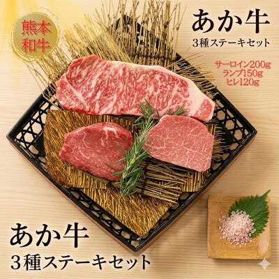 熊本県産あか牛3種のステーキセット(阿蘇市)【配送不可地域：離島】【1735156】