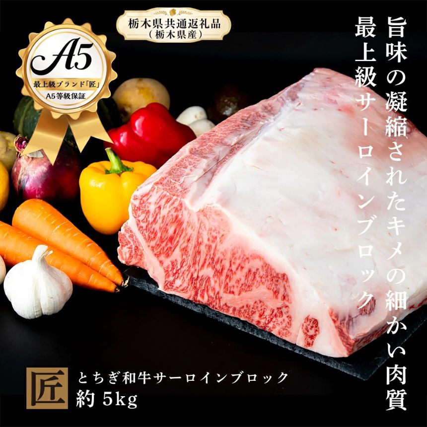 【ふるさと納税】とちぎ和牛 匠 A5 サーロインブロック 約 5kg ｜ 国産 和牛 牛 肉 生産者 認定 銘柄 A5 旨味 うまみ きめ細かい サシ 霜降り とろける 品質 柔らかく 美味しい おいしい 芸術品 特産品 栃木県 真岡市 送料無料 栃木県共通返礼品（栃木県産）