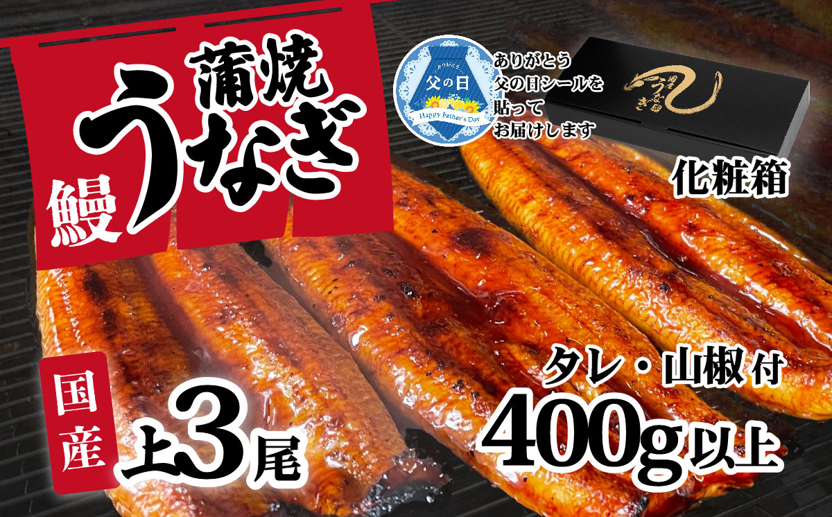 【 父の日ギフト 】【化粧箱入り】【 訳アリ 】 国産うなぎ 蒲焼き 3尾 セット ( 400g ) 大きさ の不揃い タレ・山椒付き ウナギ 鰻 ふぞろい 不揃い うな重 ひつまぶし 人気 茨城 八千代町 ふるさと納税 冷凍 父の日 ギフト 化粧箱