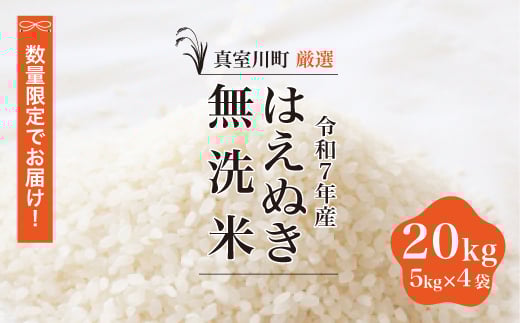 ★数量限定★ ＜令和7年産 はえぬき＞【無洗米】20kg （5kg×4袋）＜配送時期指定可＞　真室川町