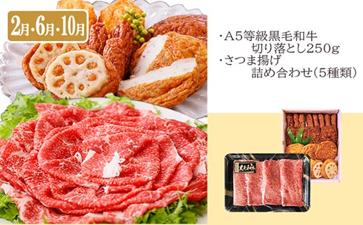 定期便(4回配送)黒毛和牛&まぐろ・かつお・さつま揚げ EE-0046 _ 定期便 牛肉 肉 お肉 焼肉 切り落とし ロース モモ ホホ肉 霜降り さつまあげ さつま揚げ サーロイン ステーキ かつお