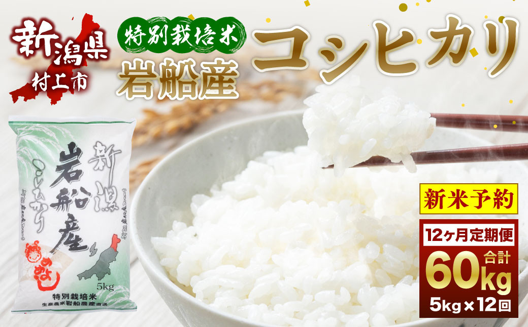 
                  【新米受付・令和8年産米】新潟県村上市岩船産　特別栽培米コシヒカリ60kg（5kg×12ヶ月コース）1013013N　定期便 毎月 新米予約 お米  白米 こしひかり 精米 村上市
                
