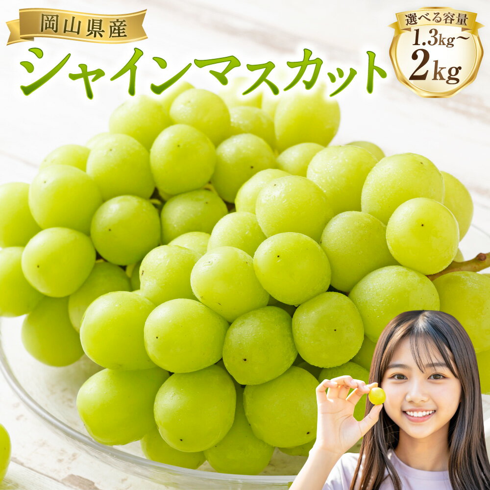 【ふるさと納税】＜選べる内容量＞シャインマスカット 計約1.3kg以上（2房） / 計約2.0kg以上（2～5房） ぶどう ブドウ 葡萄 くだもの 果物 果実 フルーツ 皮ごと お子様 ご年配 ギフト 贈答 贈り物 国産 岡山県産 美咲町 送料無料 【2026年10月下旬-11月下旬発送予定】