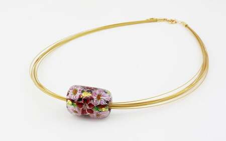 【 南部花とんぼ玉 】ネックレス（ 赤花×白花 ） ／ とんぼ玉 ガラス細工 アクセサリー 帯留め 根付 オンリーワン ネックレス