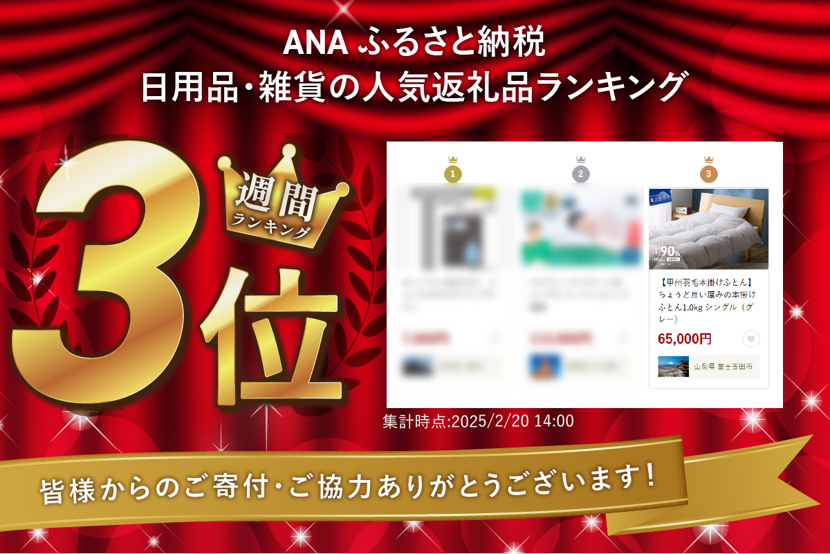 【甲州羽毛本掛けふとん】ちょうど良い厚みの本掛けふとん1.0kg シングル（グレー）