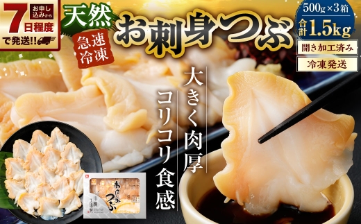 【 7日程度で発送 】 お刺身 つぶ 1.5kg （ 500g × 3P ） つぶ貝 刺身 スライス 貝類 貝 海鮮 魚介類 海産物 寿司 寿司ネタ バター焼き フライ 海鮮丼 大きい 肉厚 コリコリ 冷凍