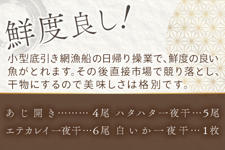 定番の干物４種詰合せセット【干物 セット アジ エテカレイ ハタハタ 白いか 鯵 鰈 鰰 白イカ 島根県産 島根県沖 一夜干し ひもの 魚 魚介 日本食 和食 贈答 ギフト お取り寄せグルメ ご当地グ