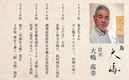 【麻布十番 鮨割烹】鮨大嶋 芸術品の一皿「旬の糸魚川コース」お食事券2名様 老舗料亭「なだ万」で総料理長を務めた大嶋氏が監修した鮨や料理はまさに匠の粋 【 ペア お食事券 食事 ふるさと納税 レストラ