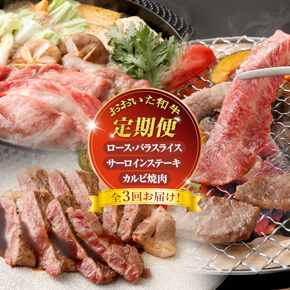 【ふるさと納税】【3ヶ月定期便】【黒毛和牛】おおいた和牛 お楽しみ3カ月間定期便 ロース・バラスライス 約400g×1パック サーロインステーキ 約170g×2枚 カルビ焼肉 約150g×2パック 合計約1.04kg 豊後牛 牛肉 国産 冷凍 贈り物 竹田市 送料無料