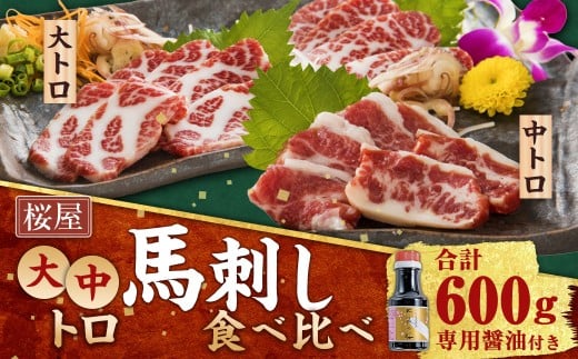 【桜屋】 大トロ中トロ 馬刺し 各約300g 食べ比べ 計約600g （専用醤油付き150ml×1本） 馬肉 お肉 馬刺
