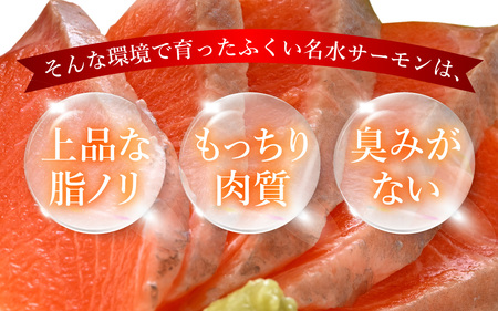 【希少】福井県大野市産 ふくい名水サーモン 300g（刺身用）真空冷凍 150g×2パック（皮なし・骨取り）[A-014007]