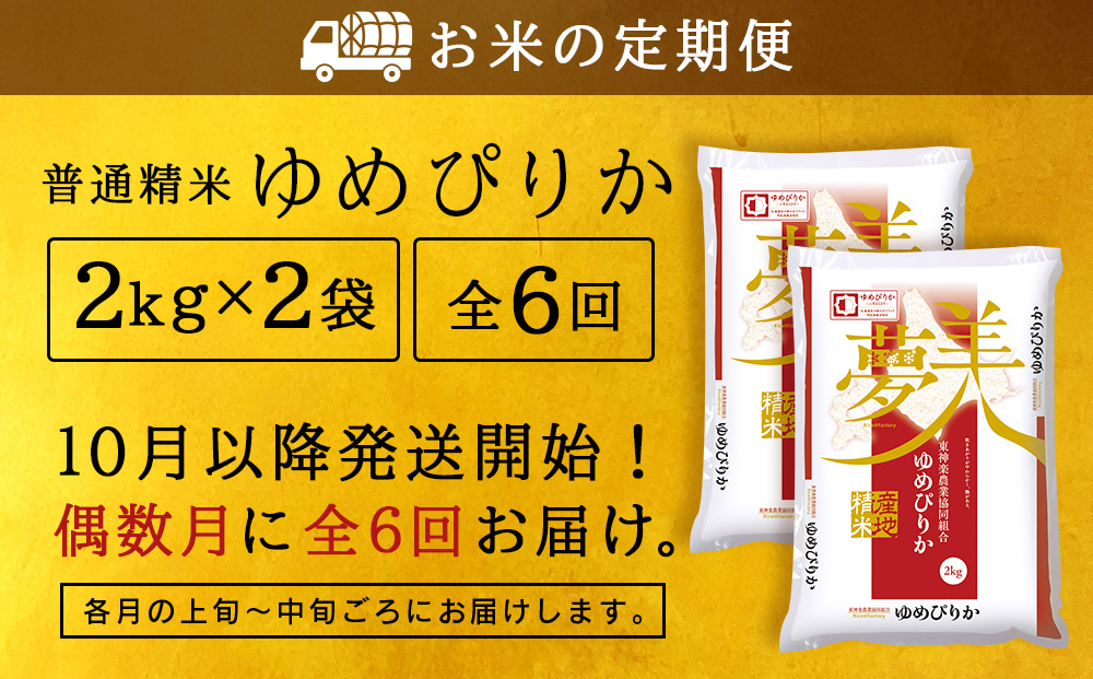 令和7年産新米≪先行予約≫【お米の定期便】《偶数月お届け》ゆめぴりか 2kg×2袋 《普通精米》全6回